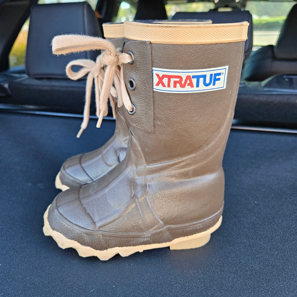 XTRATUF Kids Brown Tan Rubber Rain Boots Lace Up Waterproof Size 5